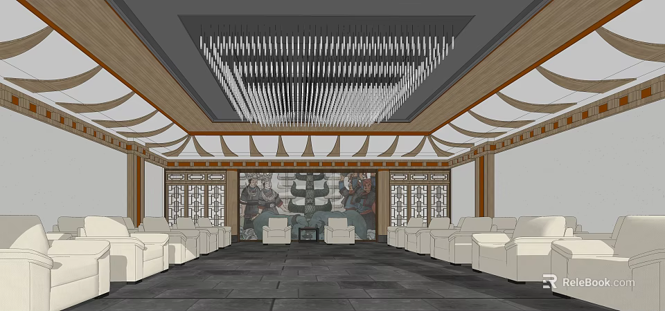 Hotel Public Lounge Area Featuring White Sofas Dark Flooring Modern Pendant Lights And Chinese Mural 3d model 