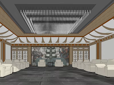 Hotel Public Lounge Area Featuring White Sofas Dark Flooring Modern Pendant Lights And Chinese Mural 3d model
