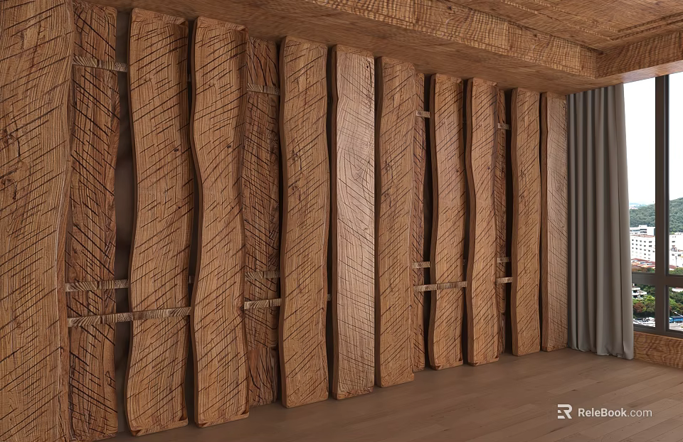 Wooden Decorative Wall With Natural Texture Planks Neat Arrangement Living Room Interior 3d model 
