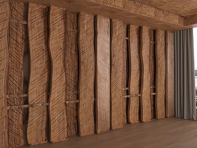 Wooden Decorative Wall With Natural Texture Planks Neat Arrangement Living Room Interior 3d model