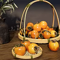 Fresh Persimmons in Bamboo Basket on Wooden Table with Small Plates and Green Plant