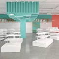 Colorful Modern Specialty Store Open Space With Hanging Transparent Installations Orange Grid And White Platforms