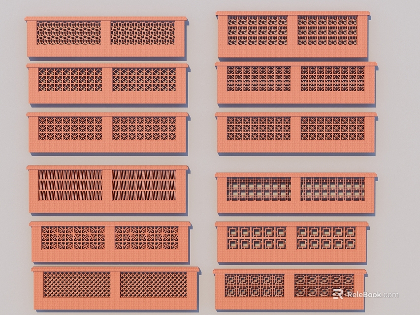 Multiple Orange Colored Rectangular Architectural Components With Diverse Hollow Out Patterns 3d model 