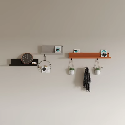 Stylish Wall Hangings With Shelves Clock Decorative Pictures Photos Plants And Scarf 3d model