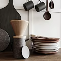 Minimalist Modern Kitchenware With Wooden Cutting Boards Spoons Ceramic Bowls Stacked Plates Hanging Black Mugs