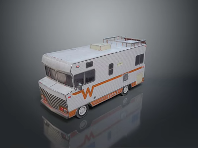 White And Orange Bus With Roof Rack And Front W Logo Parked On Reflective Floor 3d model