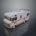 White And Orange Bus With Roof Rack And Front W Logo Parked On Reflective Floor