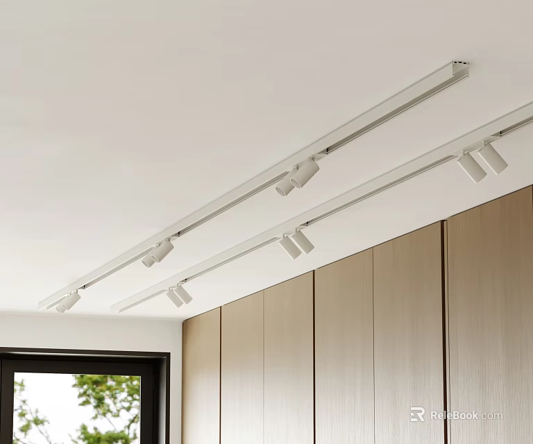 Track Mounted Downlights And Spotlights For Kitchen Ceiling With Wooden Cabinets And Window 3d model 