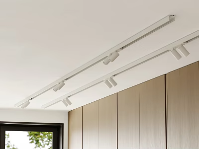 Track Mounted Downlights And Spotlights For Kitchen Ceiling With Wooden Cabinets And Window 3d model