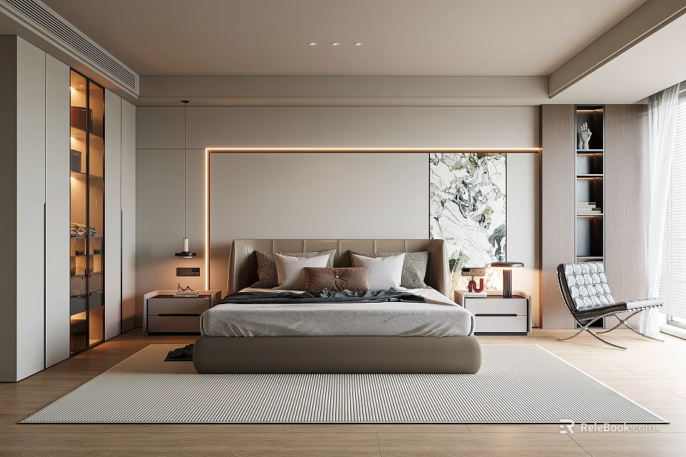 Modern Bedroom Interior Design With Bed Nightstands Wardrobe Window And Rug 3d model 