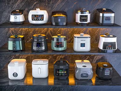 Modern Electric Pressure Cookers Display on Multiple Shelves with Various Colors 3d model