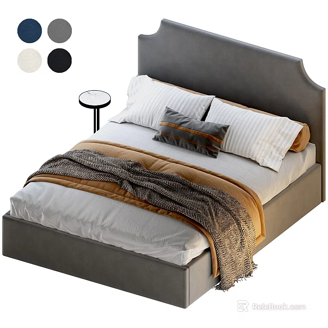 Modern Double Bed With Gray Upholstered Headboard Pillows And Round Side Table 3d model