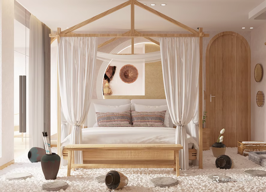 Rustic Bedroom With Wooden Canopy Bed White Curtains Decorative Pillows And Pebble Floor 3d model 