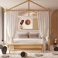Rustic Bedroom With Wooden Canopy Bed White Curtains Decorative Pillows And Pebble Floor