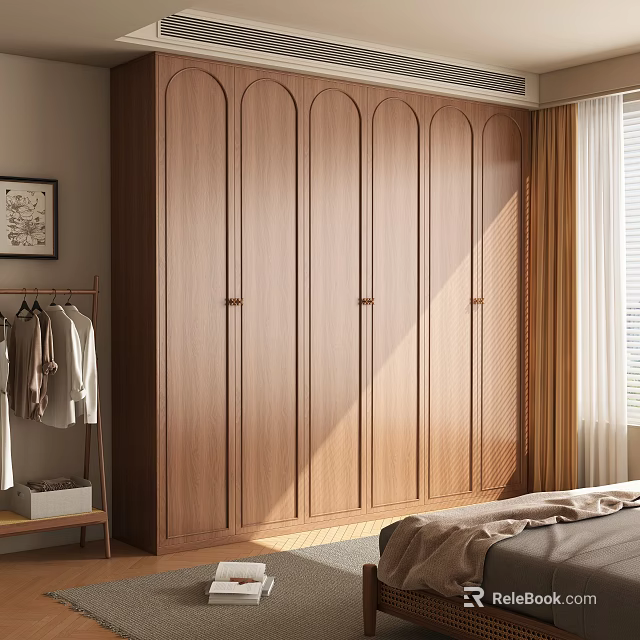Modern Wooden Wardrobe with Arched Doors Metal Handles and Natural Light in Bedroom Interior 3d model 