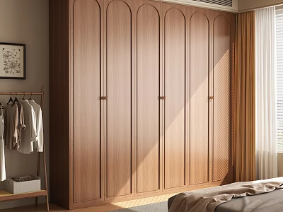 Modern Wooden Wardrobe with Arched Doors Metal Handles and Natural Light in Bedroom Interior 3d model