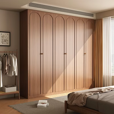 Modern Wooden Wardrobe with Arched Doors Metal Handles and Natural Light in Bedroom Interior 3d model