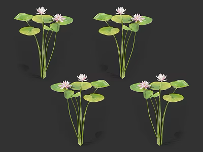 Blooming Pink Lotus Flowers With Green Lily Pads And Fresh Stems 3d model