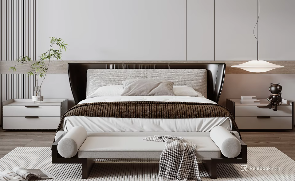 Modern Bedroom Interior With Double Bed Upholstered Headboard Pillows Blanket And Bed Bench 3d model 