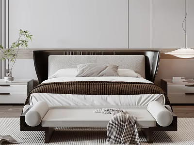 Modern Bedroom Interior With Double Bed Upholstered Headboard Pillows Blanket And Bed Bench 3d model