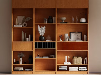 Wooden Bookcase Interior With Multiple Shelves Books Decorative Items And Photo Frames 3d model