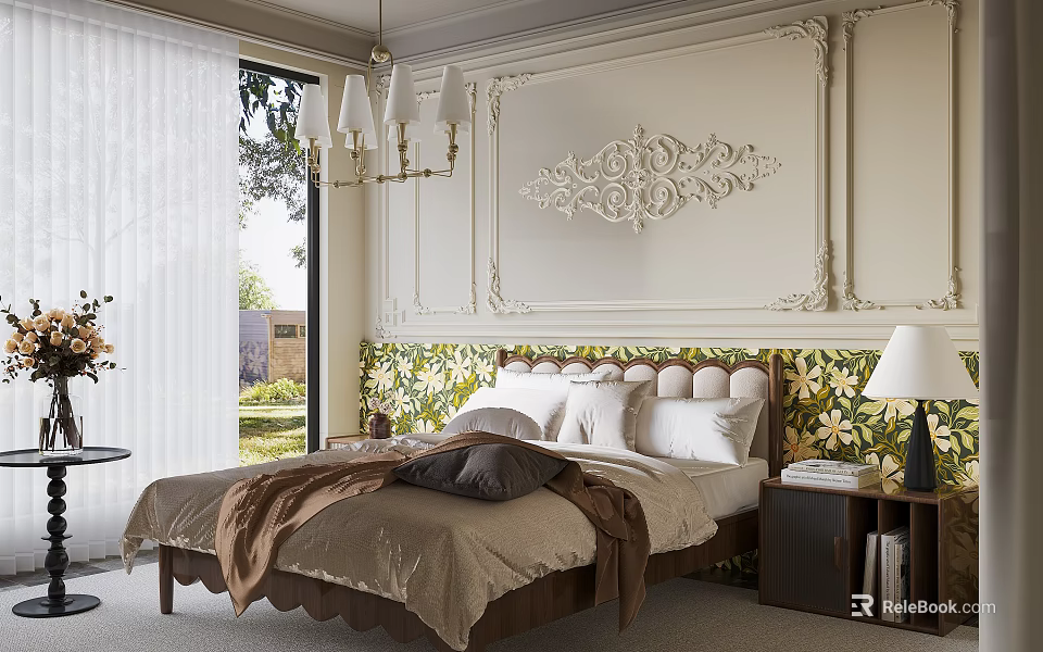 Elegant Bedroom Featuring Ornate Wall Panels Floral Headboard Chandelier Large Window And Green View 3d model 