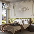Elegant Bedroom Featuring Ornate Wall Panels Floral Headboard Chandelier Large Window And Green View