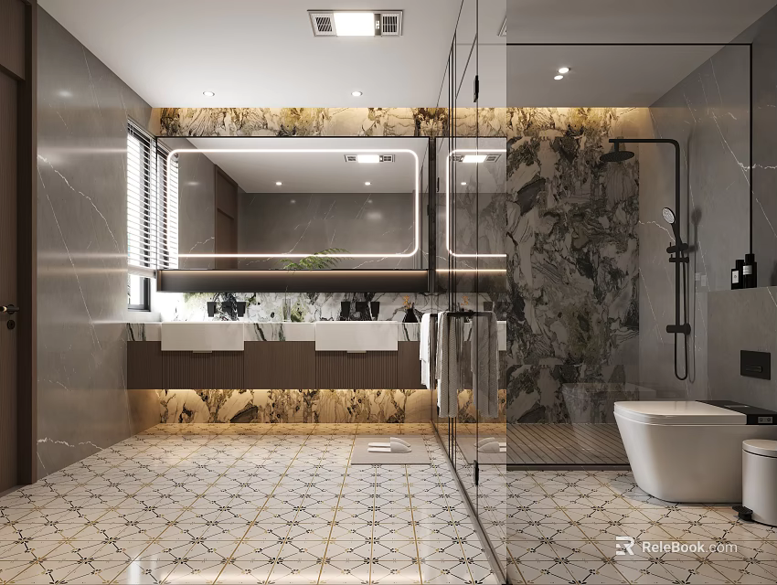 Modern Bathroom Interior With Double Vanity Marble Walls Glass Shower And Tiled Floor 3d model 