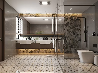 Modern Bathroom Interior With Double Vanity Marble Walls Glass Shower And Tiled Floor 3d model