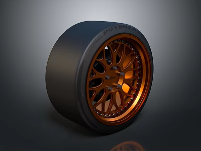 Black Performance Tire With Orange Multi Spoke Alloy Wheel Rim Design 3d model