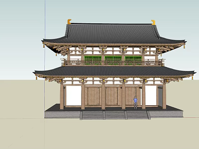 Traditional Ancient Chinese Architecture With Two Story Black Roof Wooden Structure Green Windows 3d model