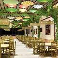 Chinese Restaurant Interior With Colorful Umbrella Pendant Lights Bamboo Lamps Green Vines And Wooden Tables