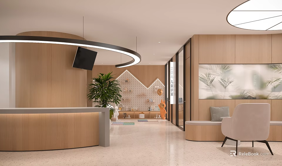 Modern Hospital Outpatient Clinic Interior With Reception And Greenery 3d model 