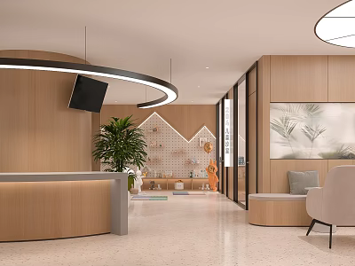 Modern Hospital Outpatient Clinic Interior With Reception And Greenery 3d model