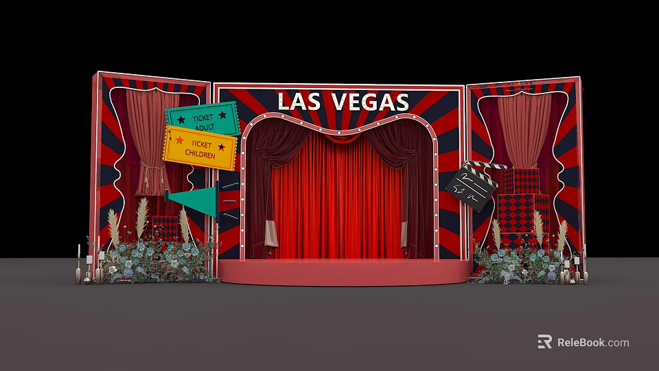 Las Vegas Themed Stage Setup With Red Curtains Striped Background And Decorations 3d model 