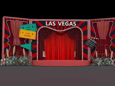 Las Vegas Themed Stage Setup With Red Curtains Striped Background And Decorations 3d model