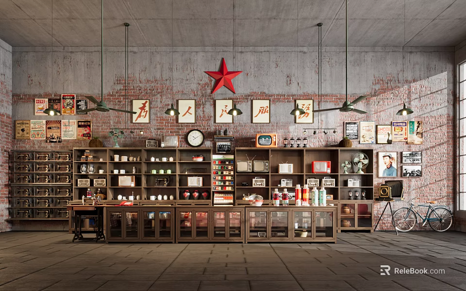 Vintage Exhibition Hall With Red Brick Wall Red Star Decorative Paintings Wooden Shelves Vintage Items 3d model 