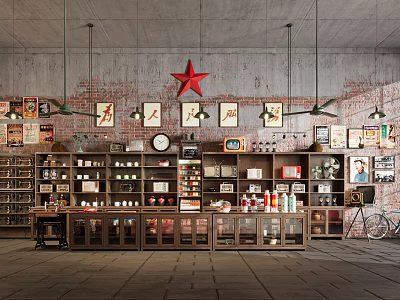 Vintage Exhibition Hall With Red Brick Wall Red Star Decorative Paintings Wooden Shelves Vintage Items 3d model