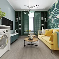 Modern Apartment Interior With Open Living Room Kitchen Yellow Sofa And Coffee Table