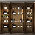 Modern Elegant Gold Wine Cabinet With Multiple Shelves Holding Wine Bottles And Glassware