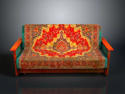 Traditional Decorative Sofa With Red Gold Intricate Pattern Green Armrests And Wooden Legs 3d model