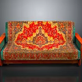Traditional Decorative Sofa With Red Gold Intricate Pattern Green Armrests And Wooden Legs