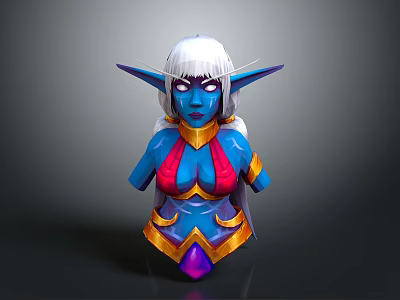 Blue Skinned White Haired Female Game Character With Pointed Ears And Red Gold Armor 3d model