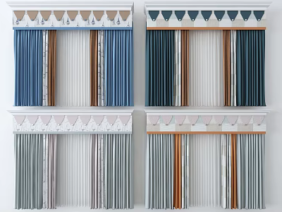 Modern Curtains With Triangle Pattern Top And Wooden Frames In Blue Gray White 3d model