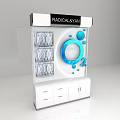 RADICALVAN Display Shelf with Transparent Compartments Blue Circular Design O2 Logo and Bottom Drawers