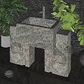 Natural Stone Washbasin with Copper Faucet and Green Plants on Stone Tile Floor