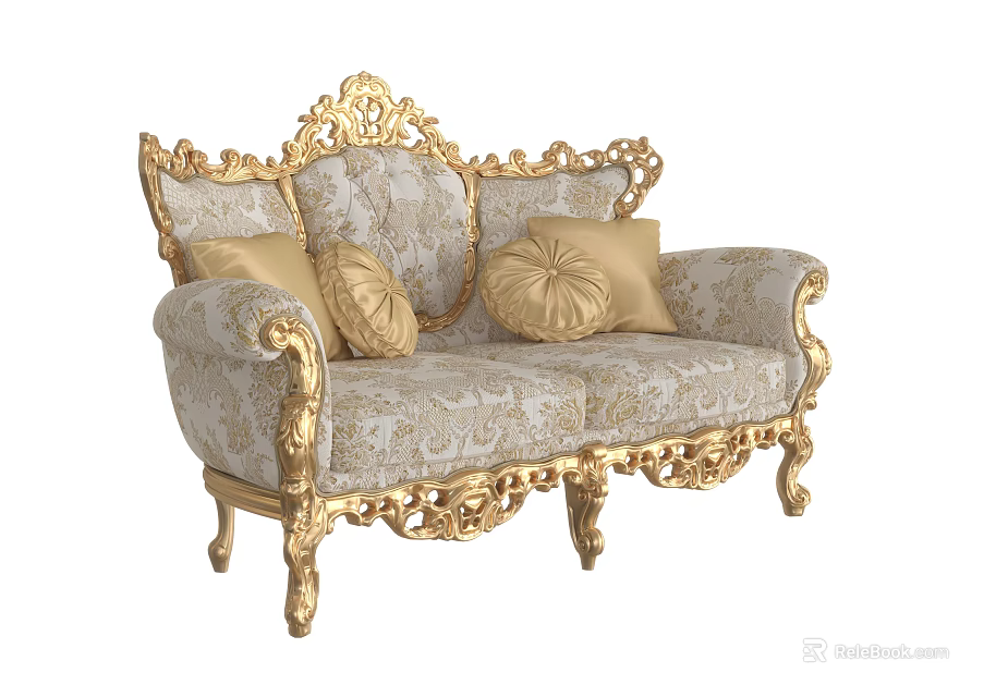 Ornate Two Seater Sofa With Golden Carved Frame Patterned Fabric And Golden Cushions 3d model 