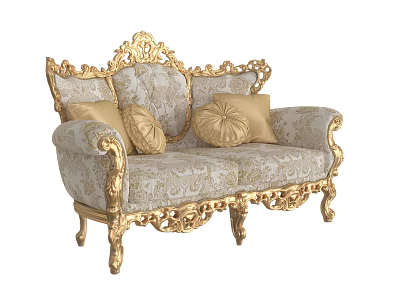 Ornate Two Seater Sofa With Golden Carved Frame Patterned Fabric And Golden Cushions 3d model