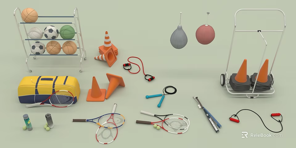 Playground Equipment Collection Including Soccer Balls Traffic Cones Jump Ropes Tennis Rackets And Hanging Balls 3d model 
