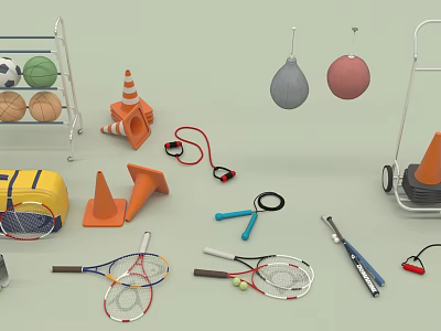 Playground Equipment Collection Including Soccer Balls Traffic Cones Jump Ropes Tennis Rackets And Hanging Balls 3d model